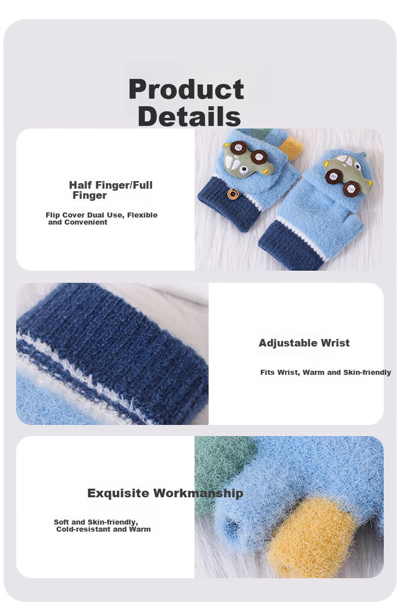 Aibaoqi Children's Winter Warm Flip Half Finger Gloves Boys Thickened Writing Fingerless Gloves T238 Blue 10