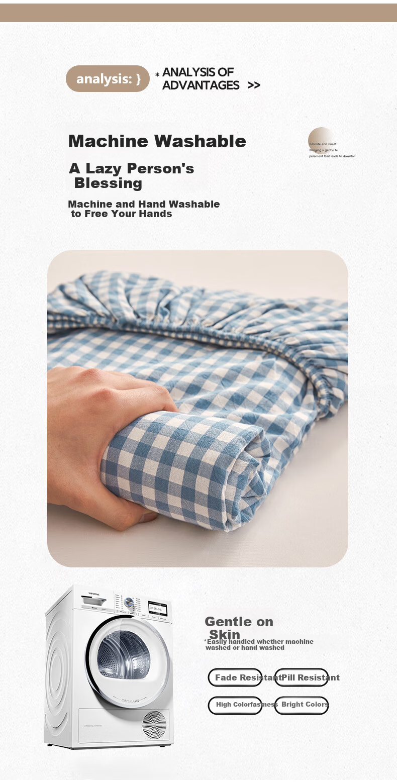 Wuyinliangpin Class A 100% Pure Cotton Fitted Sheet, Single Piece, 1.8x2 Meter Double Bed Cover, Protective Case, Full Coverage Fitted Sheet, Blue Small Check Patter 8