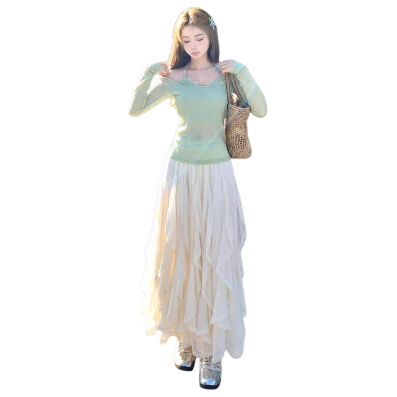 Langsha Women's Half-Length Skirt 2026 Summer New Ruffle Fairy Tulle Skirt High Waist Slim Fit Mid-Length Cake Skirt