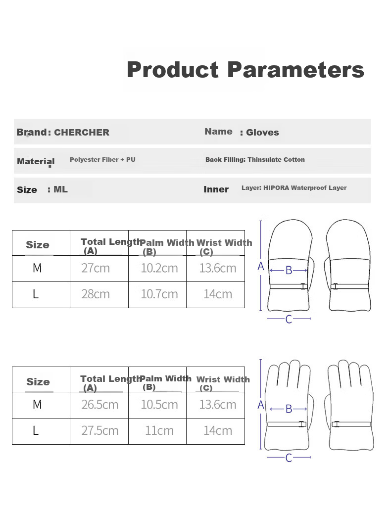 CHERCHER Ski Gloves Unisex Touchscreen Thickened Fleece Warm Winter Mountaineering Sports Cycling G-1002-M 13