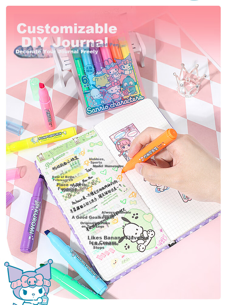 GuangBo & Sanrio Large Capacity Highlighter Pens, 6 Colors, Student Note-Taking Markers, Journaling Pens, Doodle Pencils, KT84591 7