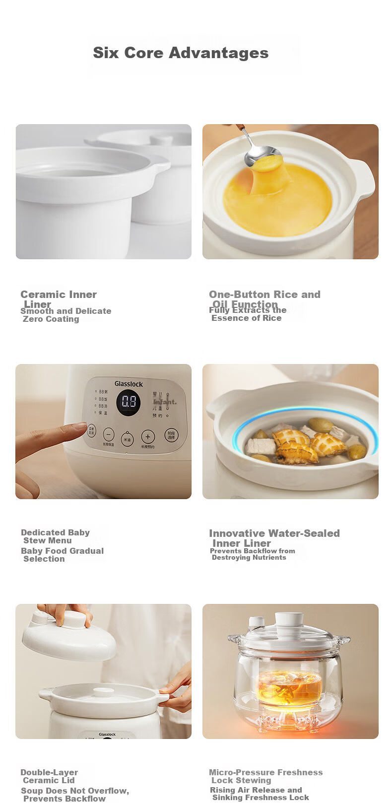GLASSLOCK 1.8L Glass Electric Stew Pot, Non-Coated, Heavy Metal-Free, Split Micro-Pressure Baby Food Cooker, Slow Cooking Electric Pot, Multifunctional Cooker 6