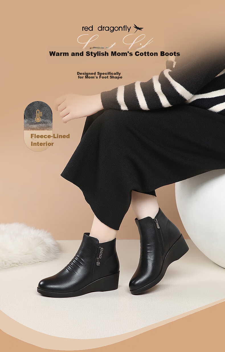 Red Dragonfly Women's Short Boots Fleece Lined Thickened Mid-Aged Cotton Wedge Heel Mom Boots WTC443021C Black Size 35 1