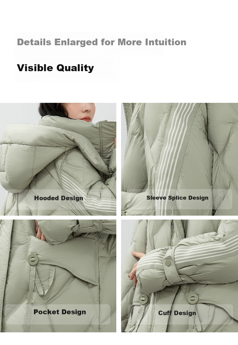 BLOOM FLOWERS Women's Down Jacket 2025 Winter Mid-Length Solid Color Striped Fashion Casual Hooded Warm Coat 11