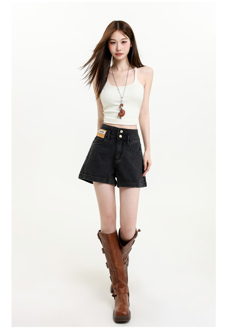 Jeanswest Women's Summer 2026 High-Waist Loose Slimming Wide-Leg A-Line Black Gray Denim Shorts S 14
