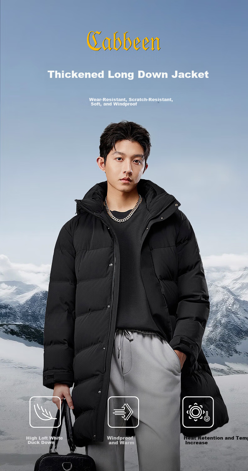 CABBEEN Men's Long Down Coat with Wrinkled Texture, Zipper Pockets, Detachable Hood, Winter 2025 1