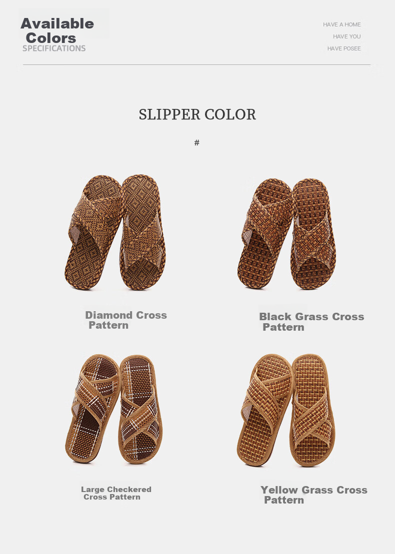 GUOLUOFEI Woven Rattan Summer Indoor Non-Slip Soft Sole Slippers for Men and Women, Diamond Cross Pattern, Size 42-43 5