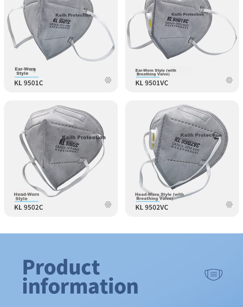 Kailehu KL9502C Activated Carbon Mask KN95 Dustproof Gray PM2.5 Particle Bacteria Protection Renovation Formaldehyde Odor Industrial Dust Smog Breathable Headband 50pcs Individually Packaged 7