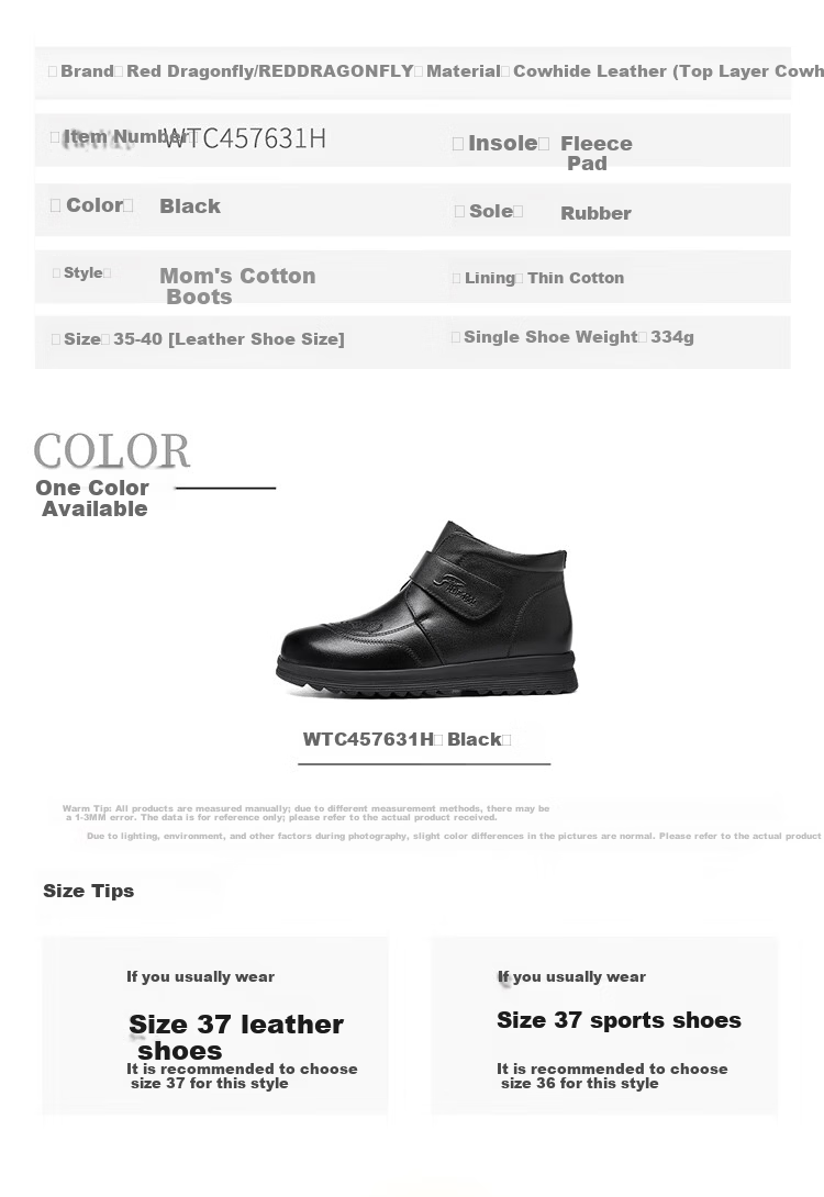 Red Dragonfly Women's Winter Lightweight Fleece-Lined Warm Genuine Leather Fashion Boots Middle-Aged Soft Sole Ankle Boots WTC457631H Black Size 38 8