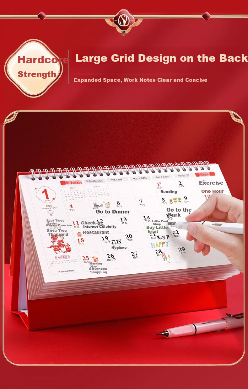Muulee 2026 Custom Large Chinese Red Festive Triangle Desk Calendar Corporate Gift Business Desktop Calendar Year of the Horse New Monthly Calendar 13