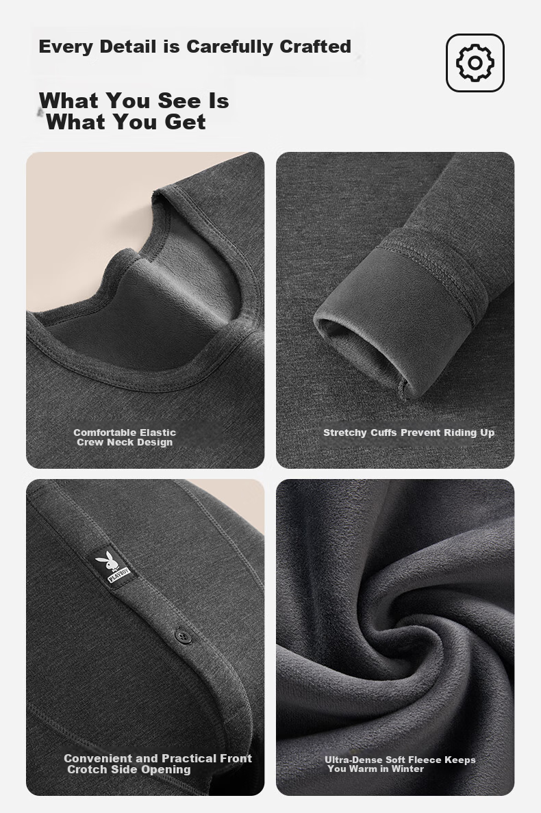 PLAYBOY Thermal Underwear for Men, Fleece-Lined And Thickened, Men's Warm Underwear, Autumn And Winter Top And Bottom, Round Neck 15