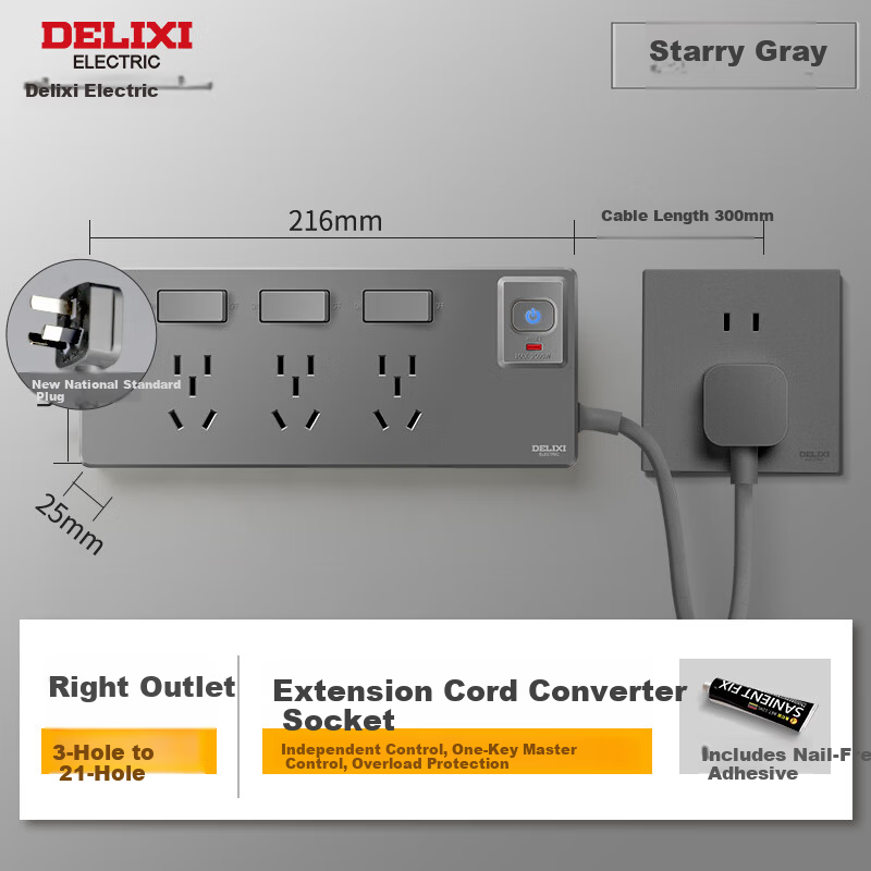 Delixi Multi-Outlet Master-Slave Expansion Power Strip Overload Protection Surface-Mounted Kitchen Cabinet Power Strip with Switch and 30cm Power Cord