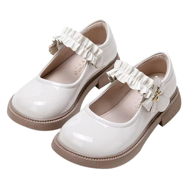 Follow Me Girls' Leather Shoes Spring Autumn Square Toe Soft Sole Single Shoes Children's School Performance Shoes Off-White (Patent Leather) Size 31