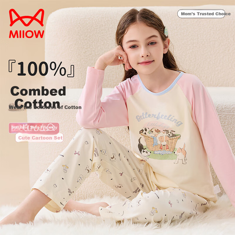 Miiow Kids Pajamas 100% Cotton Girls' Sleepwear Spring Autumn Lightweight Baby and Big Kids Summer Homewear Set