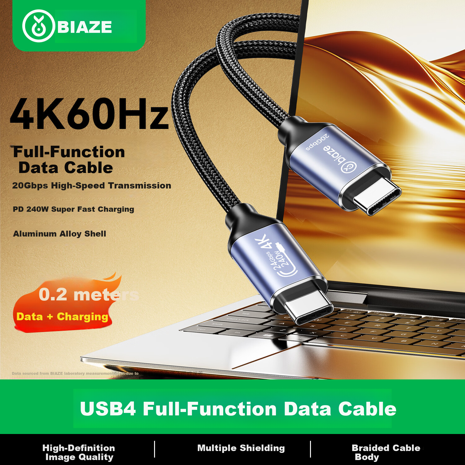 BIAZE USB4 Data Cable 0.2m Short Cable 20Gbps Thunderbolt 4/3 Type-C Full-Function 4K Display PD 100W Fast Charging for Apple Laptop Hard Drive Enclosure