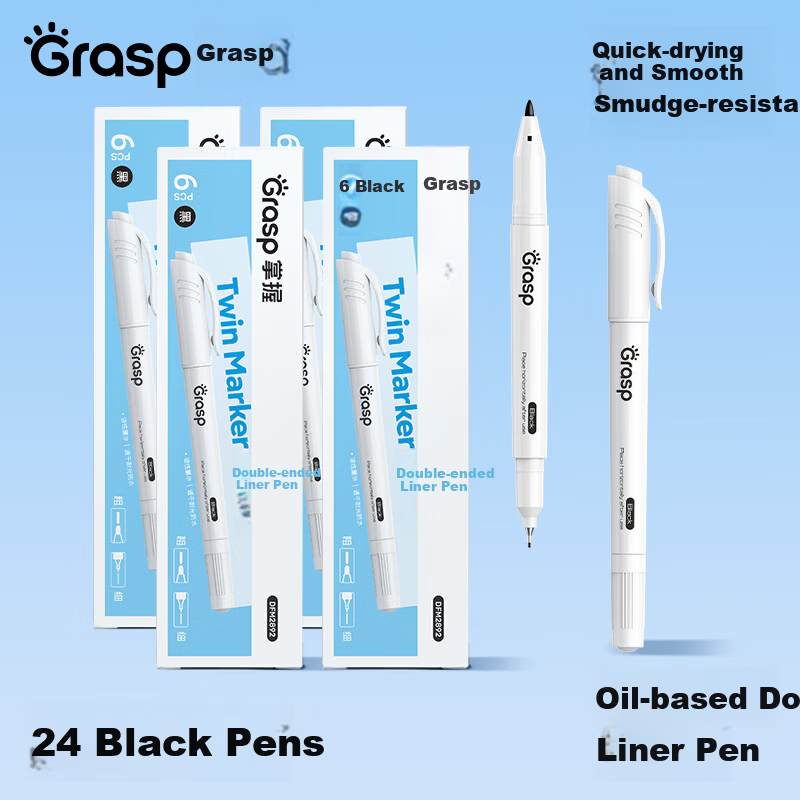 Master Black Double-Ended Hook Line Pen 24-Pack Waterproof Quick-Dry Oil-Based Marker Safe Odorless Children's Student Drawing Outlining Marking Pen Photo Paper Doodle Signature Pen