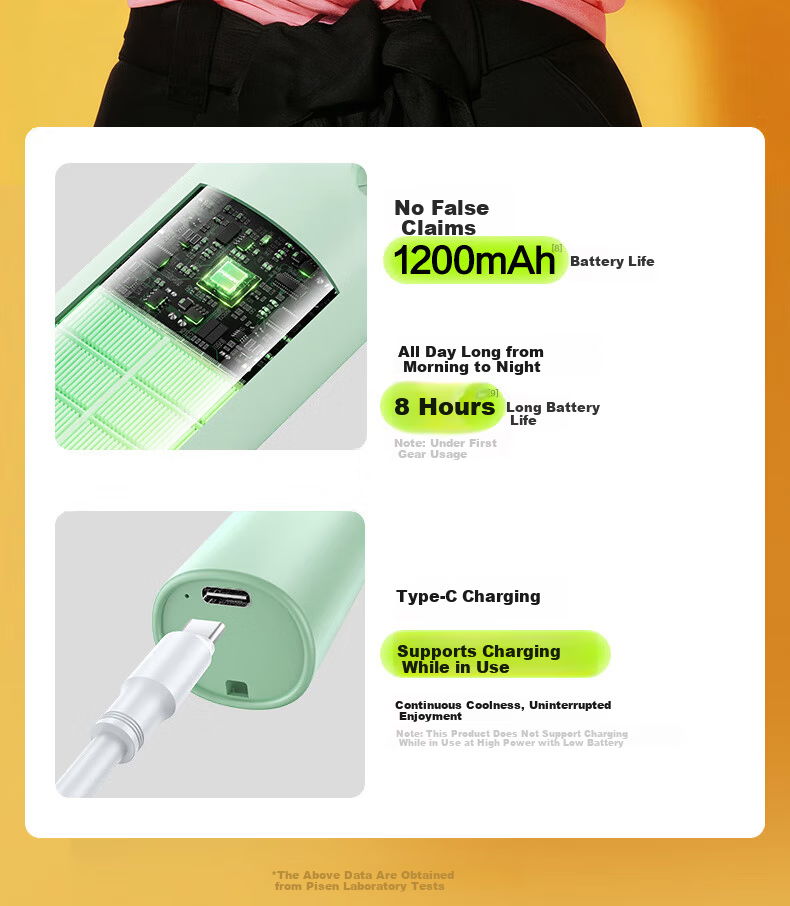 Pisen Handheld USB Rechargeable Portable Mini Fan Office Outdoor Camping Desktop Fan 1200mAh Long Battery Life Green 9