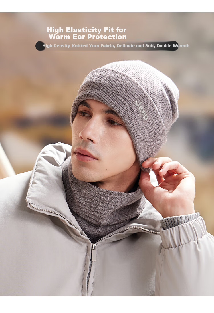 JEEP Men's Autumn Winter Knitted Hat Fleece Lined Warm Neck Warmer Thickened Woolen Beanie Ear Protection Cold Resistant Hat Black 3
