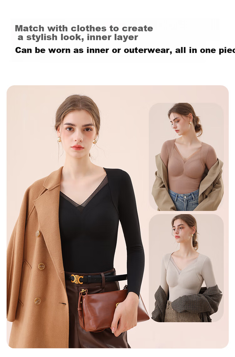 MiiOW Mulberry Silk Down Thermal Underwear for Women Autumn Top with Chest Pad Lace Base Layer Skin Color XL 16