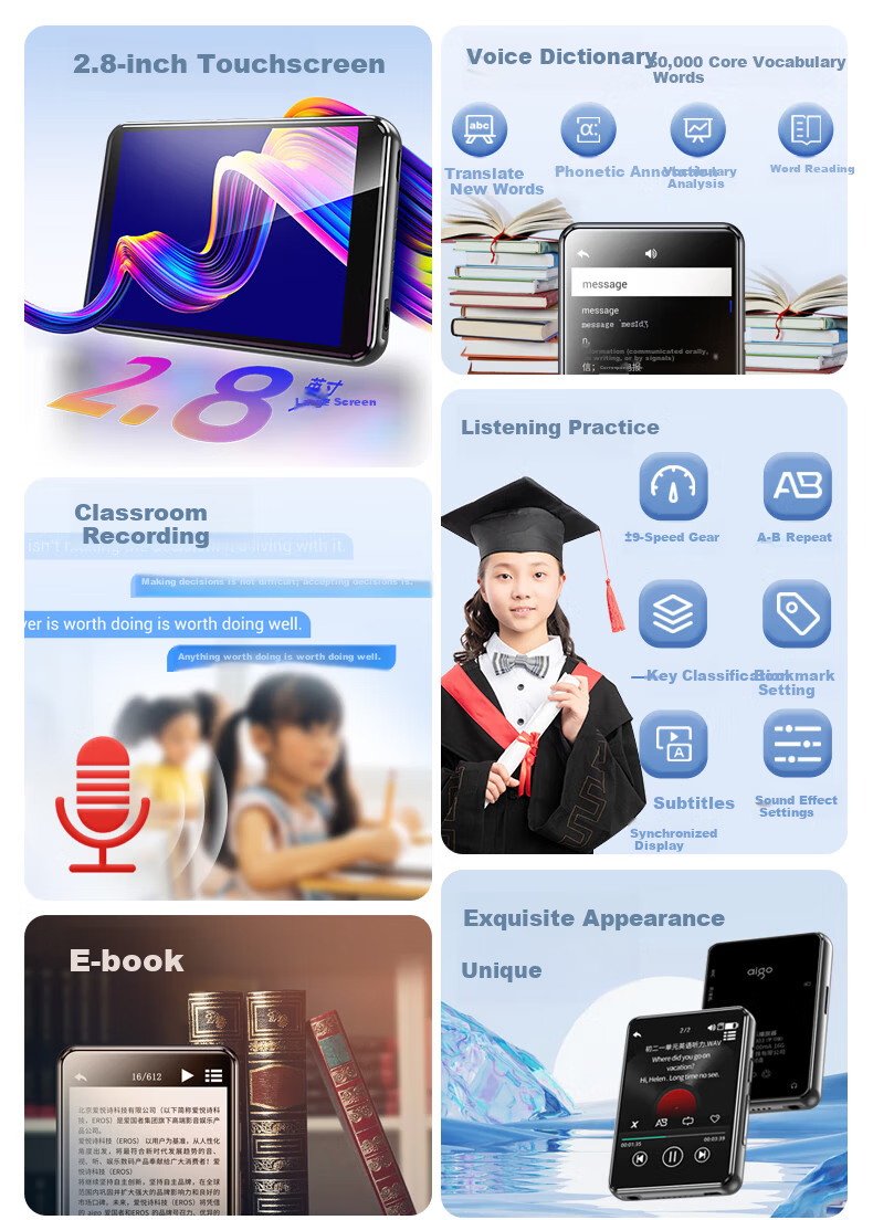 Aigo MP3-502 16GB English-Chinese Dictionary Speaker, Full Touch Screen MP4/MP5 Lossless Music HIFI Player, Portable English Learning Device for Students And Sports 4