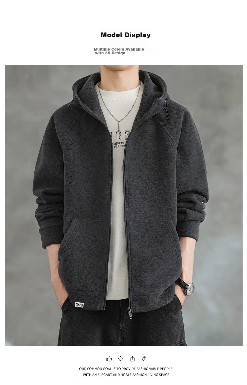 Mark Fairwhale Men's Hoodie Autumn Winter Fleece-Lined Zip-Up Jacket Loose Warm Casual Top Gray Fleece 2XL 7