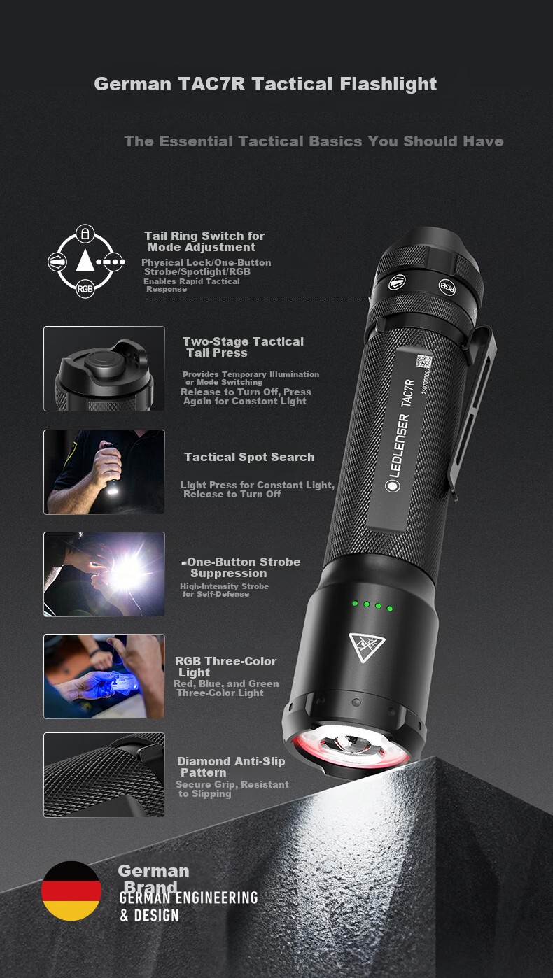 LED LENSER German High-Power Tactical Flashlight TAC7R Outdoor Lighting High Brightness Long Range Long Battery Life Patrol Duty 2