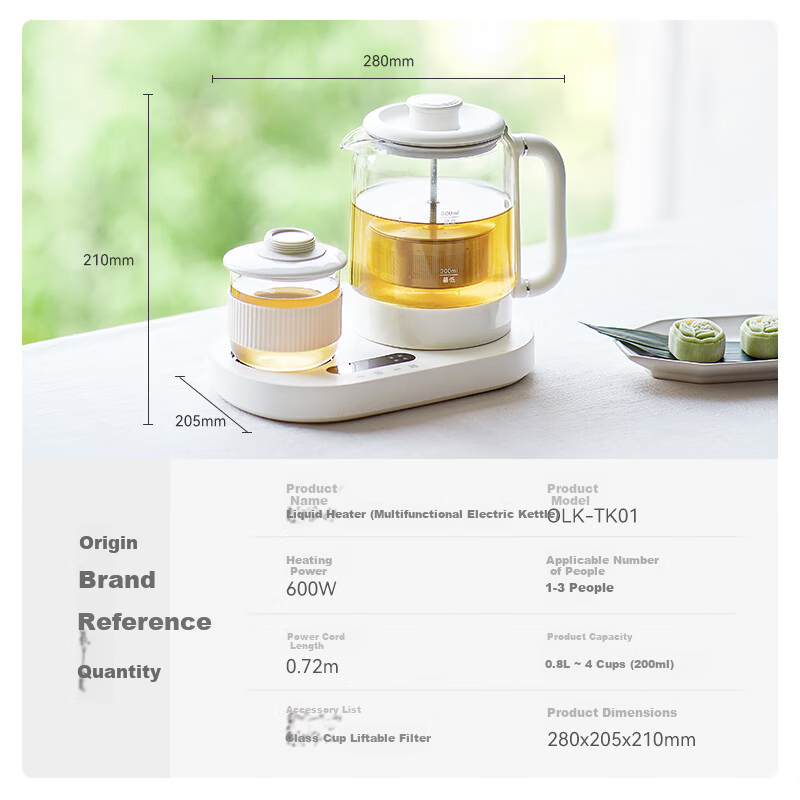 Olayks Instant Mini Health Pot Set Flower Tea Kettle 0.8L Office Heating Thermostat Coaster 2-in-1 Small Electric Kettle Tea Maker for One 24