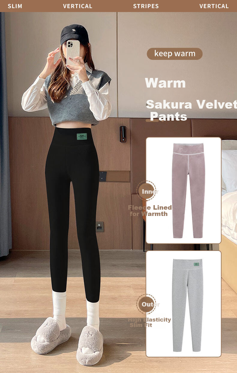 Urban Beauty Women's Fleece-Lined High-Waist Ribbed Leggings Thickened Warm Slim Fit Black Pants for Autumn and Winter 4