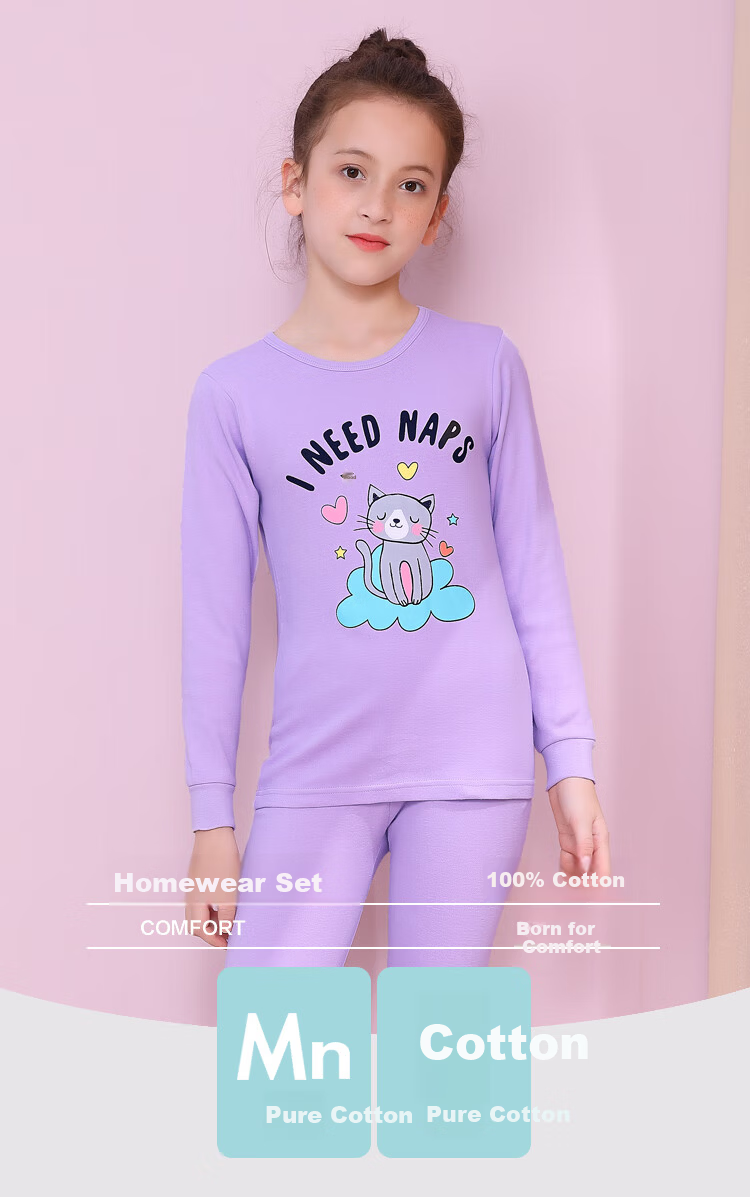Hodohome Children's Autumn Cotton Thermal Underwear Set for Girls, Light Purple, Size 160 1