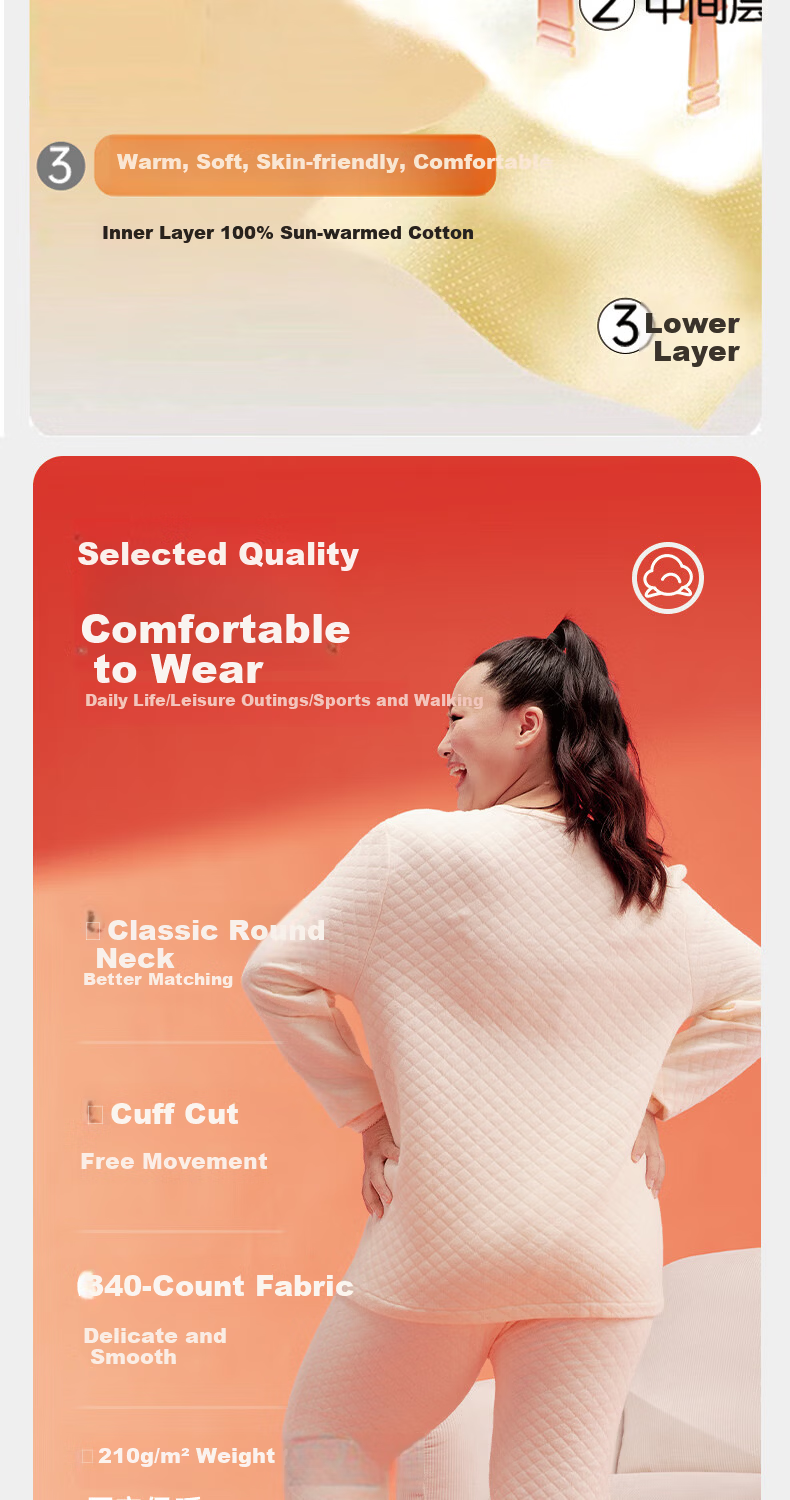 Yiershuang Plus Size Three-Layer Thickened 100% Cotton Antibacterial Thermal Underwear Set for Women Autumn Top and Bottom 3