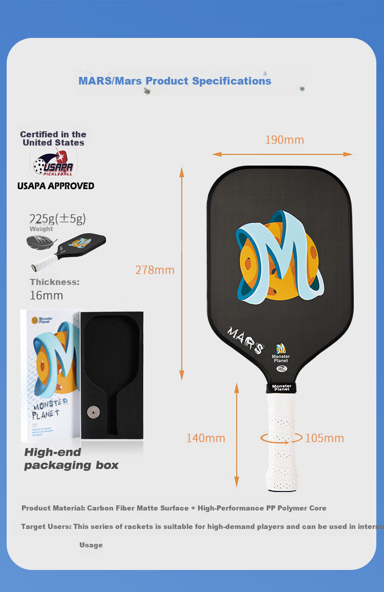 Monsterplanet Monster Planet Pickleball Paddle Set Japanese Imported T700 Matte Carbon Fiber Integrated USAPA Certified 10