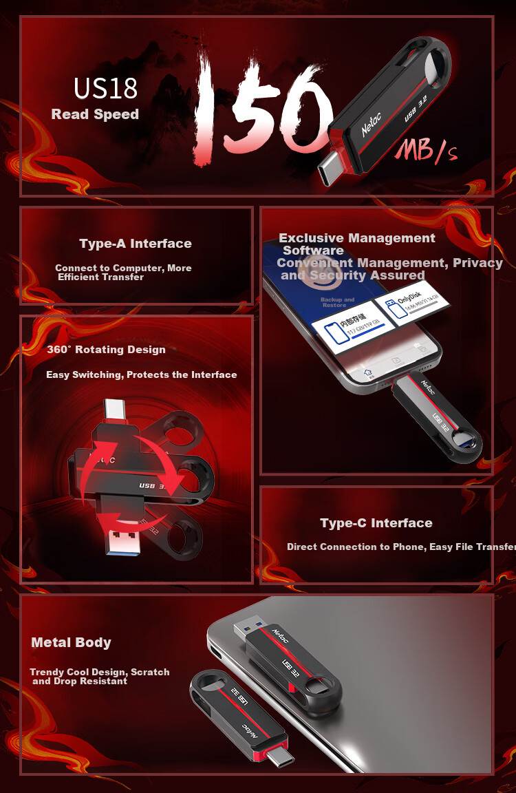 Netac 64GB Type-C USB3.2 Gen 1 U785C Direct Phone Connection Expansion, All-Metal Mini USB Drive, Type-C Dual Interface Universal Flash Drive for Phones And Computers 2