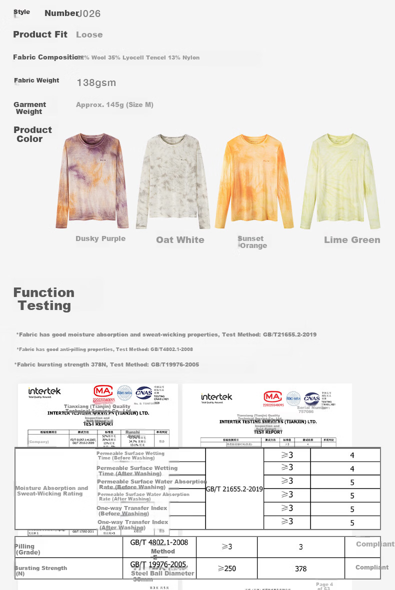 BEIN SPACE Spring New Merino Wool Handmade Tie-Dye Sports Outdoor Breathable Long Sleeve T-Shirt J026 Sunset Orange L 8