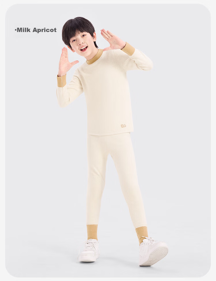 Jiusuibian Kids Thermal Underwear Unisex Autumn Winter Mid-Weight Fleece Lined Wool Blend 7A Antibacterial High Neck School Uniform Base Layer Set 12