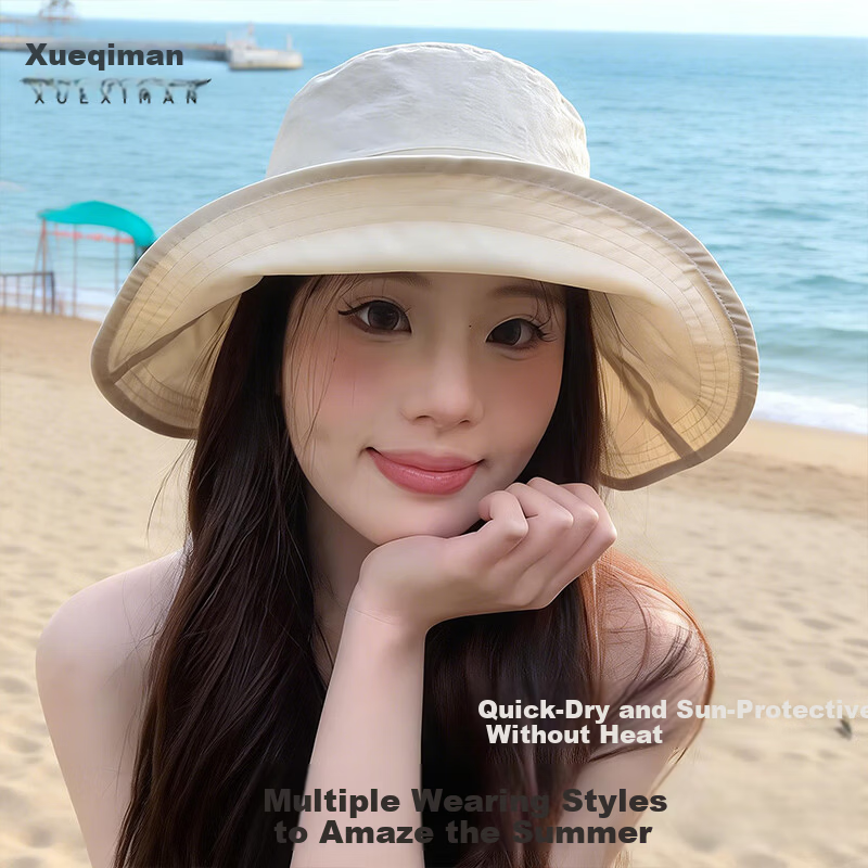 Xueqiman Women's Summer Sun Protection Hat Large Brim Sunshade Hat Face Slimming Natural Look UV Protection Quick-Dry Bucket Hat