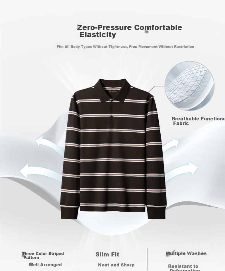 Goldlion High Cotton Content 24 Autumn Winter Comfortable Fashion Business Striped Long Sleeve Polo Shirt Men Brown-57 XXL 3