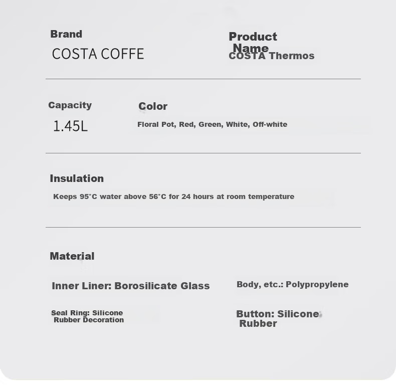 COSTA Large Capacity Insulated Kettle Household Hot Water Pot Red Liner Thermos Flask Tea Steeping Cup 24-Hour Heat Preservation 8