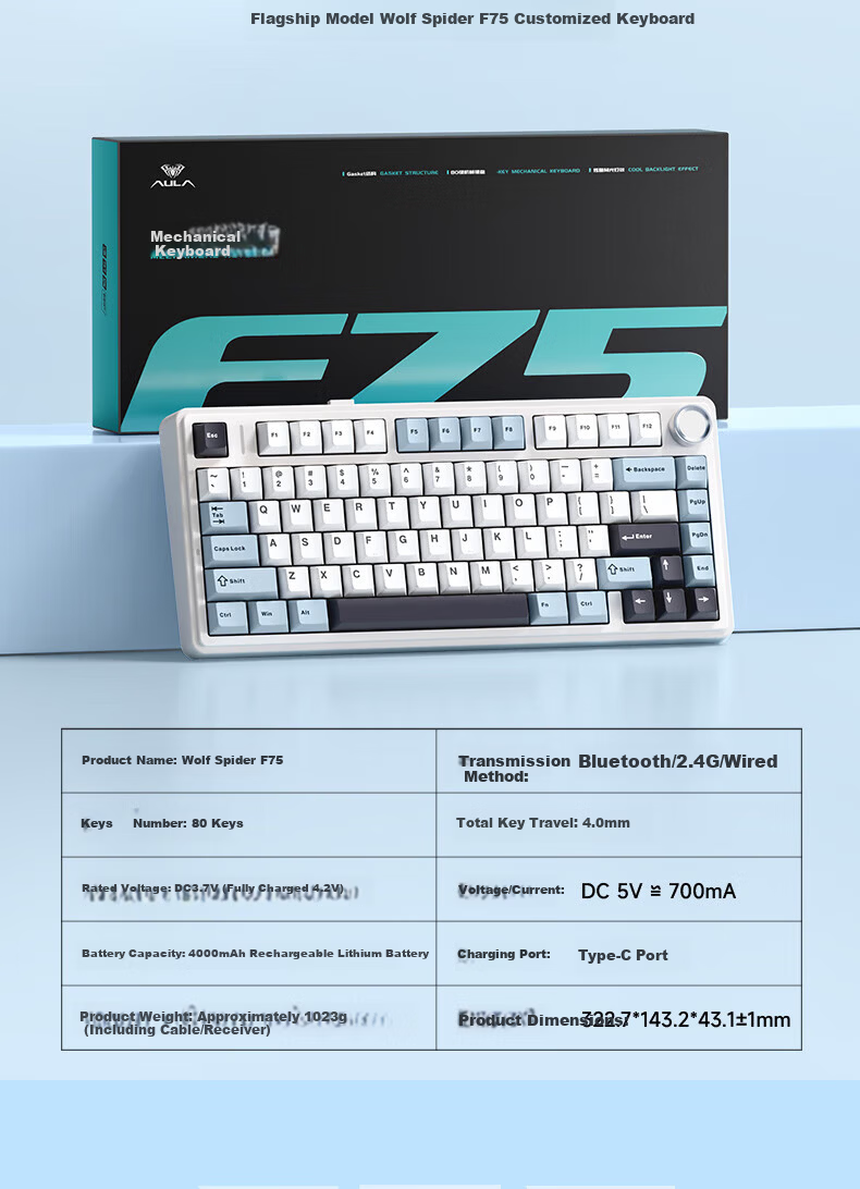 AULA F75 Wireless Customizable Mechanical Keyboard Wireless Bluetooth Tri-Mode Wired Gasket Structure 80-Key Hot-Swappable Gaming Office Glacier Blue Reaper Switch 20