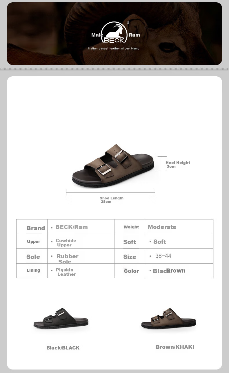 Ram Men's Genuine Leather High-End Slide Sandals Durable Non-Slip First Layer Cowhide Summer Beach Shoes Black Size 39 3
