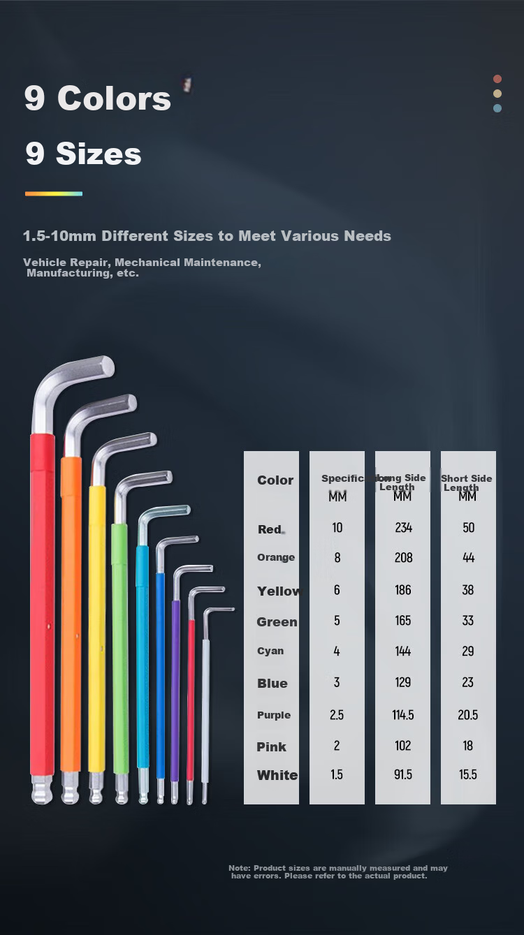 SATA Rainbow Series 9-Piece Extra Long Ball End Hex Key Wrench Set 1.5-10MM 09101CH 3