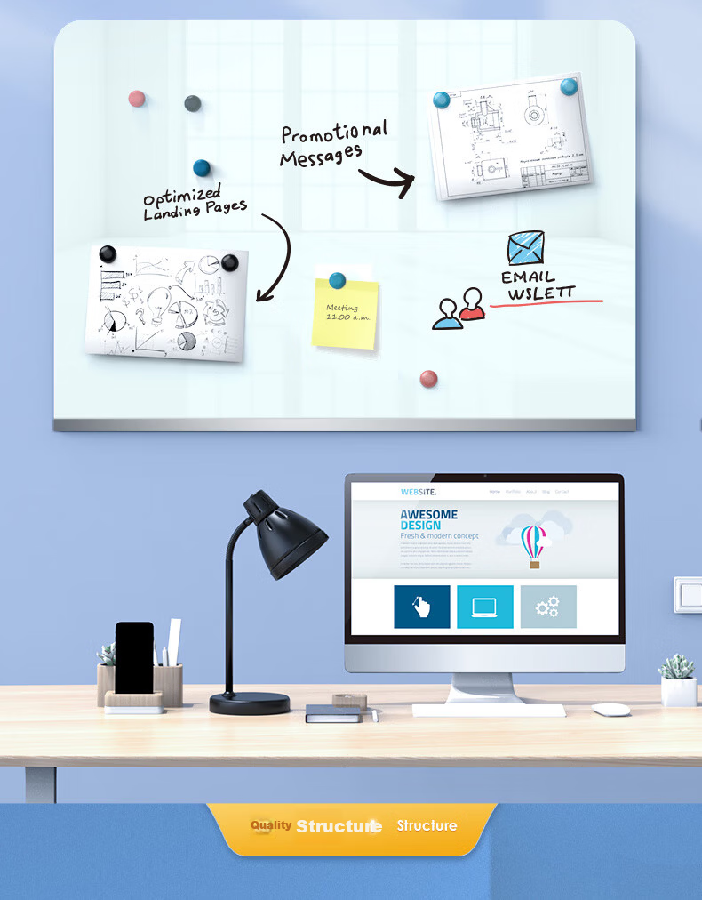 Deli Wall-Mounted Whiteboard 120x90cm Full-Screen Magnetic Tempered Glass Hanging Whiteboard Office Meeting Writing Board Blackboard (Includes Eraser, Marker, Magnetic Pins) MZ101 11