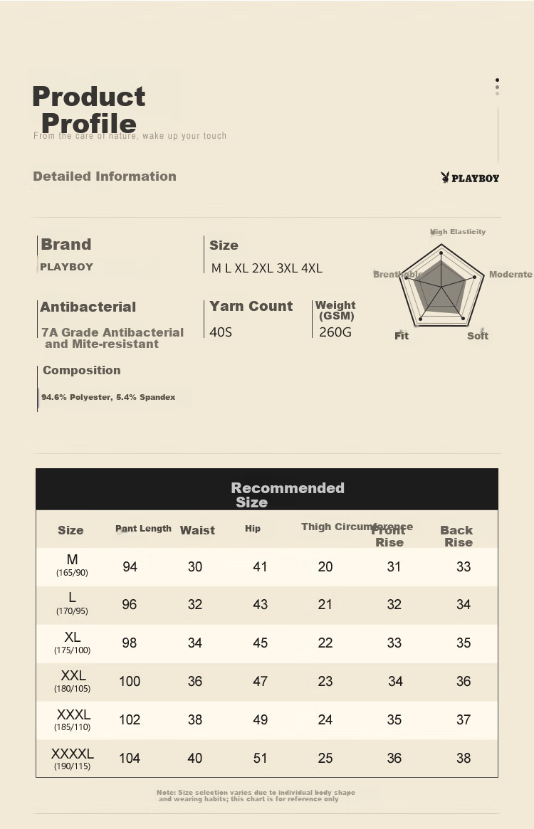 Playboy Men's Pure Cotton Antibacterial Thermal Long Johns Warm Cotton Pants Autumn Winter 6
