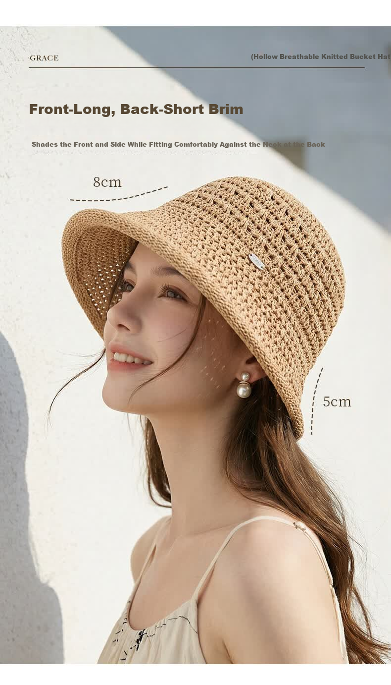 CACUSS Hollow Weave Sun Hat for Women Summer Outdoor Face-Slimming Retro Breathable Bucket Hat Khaki 3