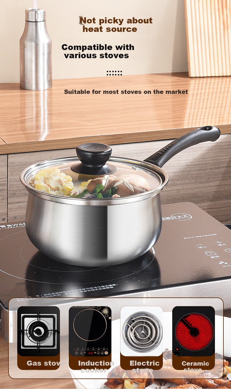 BSITN 304 Stainless Steel Non-Stick Milk Pot, 18cm Small Milk Pot, Baby Food Pot, Cooking Pot, Compatible with Gas And Induction Stoves, 1530 9
