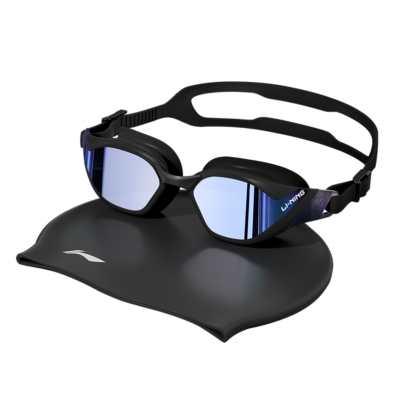 LI-NING Electroplated Waterproof Anti-Fog Swimming Goggles for Men and Women Adult HD Swimming Glasses and Swim Cap Professional Swimming Gear