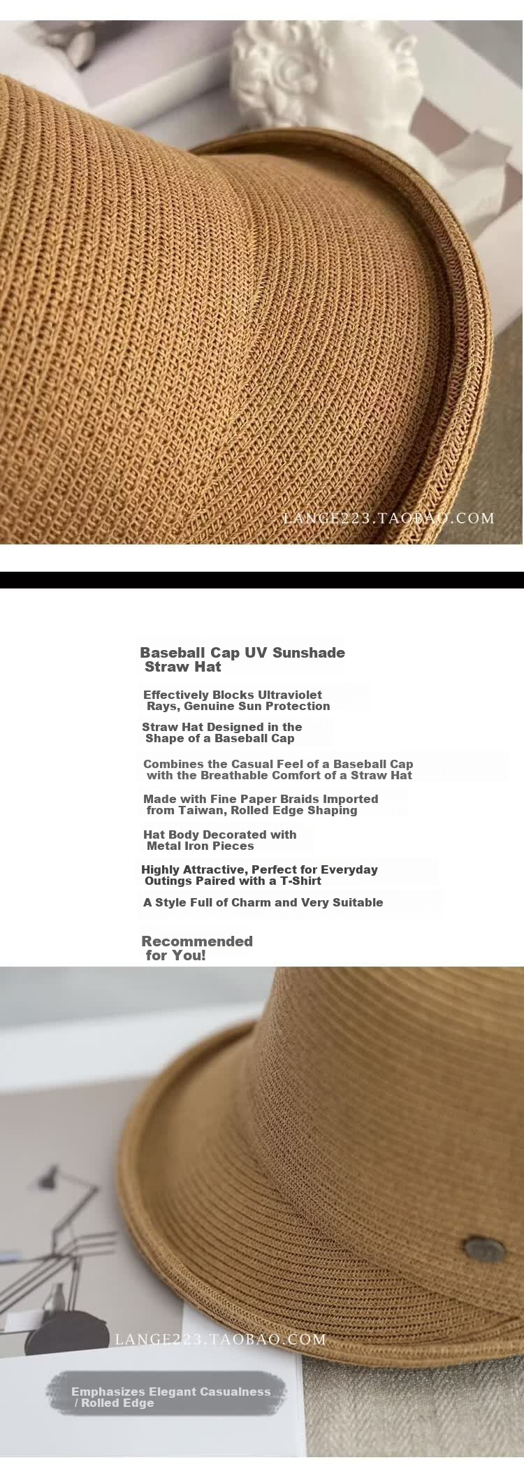 Lagur Casual Straw Baseball Cap Sunshade Wide Brim Roll-up Visor Korean Style Women's Summer Thin Black 2