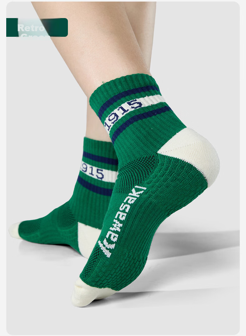 KAWASAKI Badminton Socks Kids Sports Socks Durable Terry Bottom D6401 White Blue/White Green/Vintage Green (3 Pairs) 13