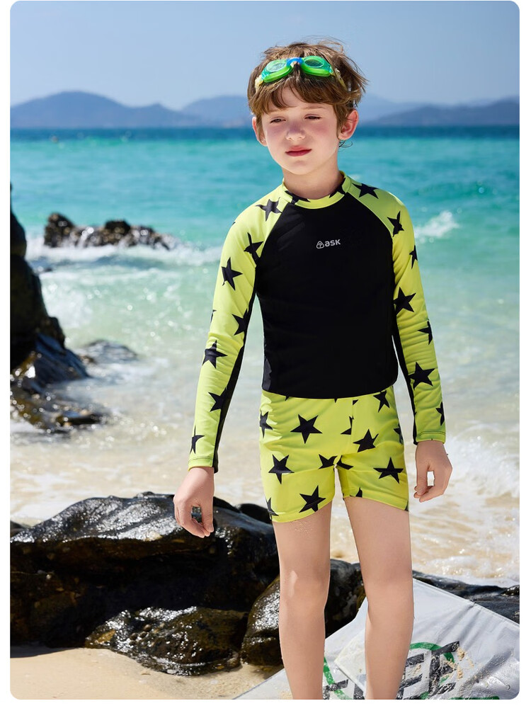 ASK JUNIOR 【Sun Protection and Chlorine Resistant】Children's Long Sleeve Swimsuit with Swim Cap, Two-Piece Boys' Training Set with Separate Shorts for Older Kids 16