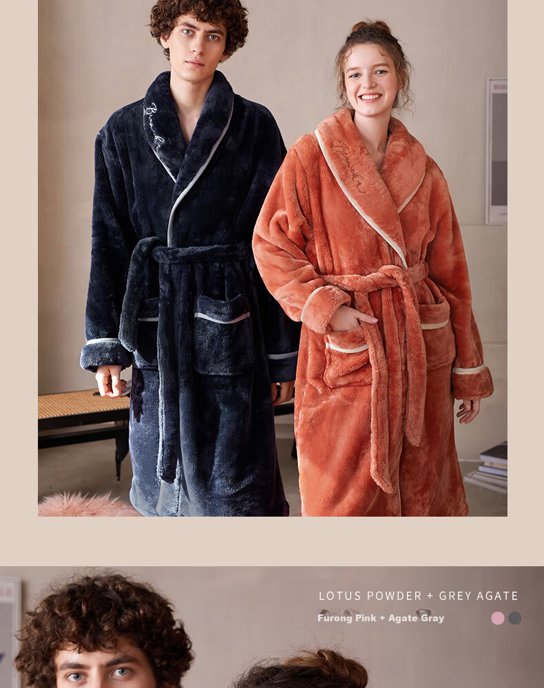 FENTENG Autumn Winter New Thickened Flannel Couple's Long Coral Fleece Bathrobe Men's Pajamas Homewear 21