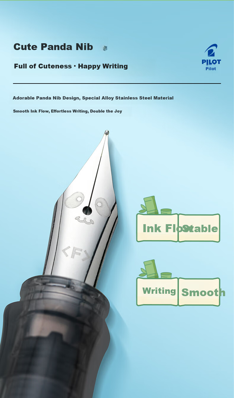 PILOT KAKUNO Smile Panda Limited Edition Fountain Pen for Elementary Students Grades 3-6 Refillable Ink Cartridge Signature Pen CA.FKAPD25DF-IC-ZH Translucent F Nib White Cap Black Barrel 3